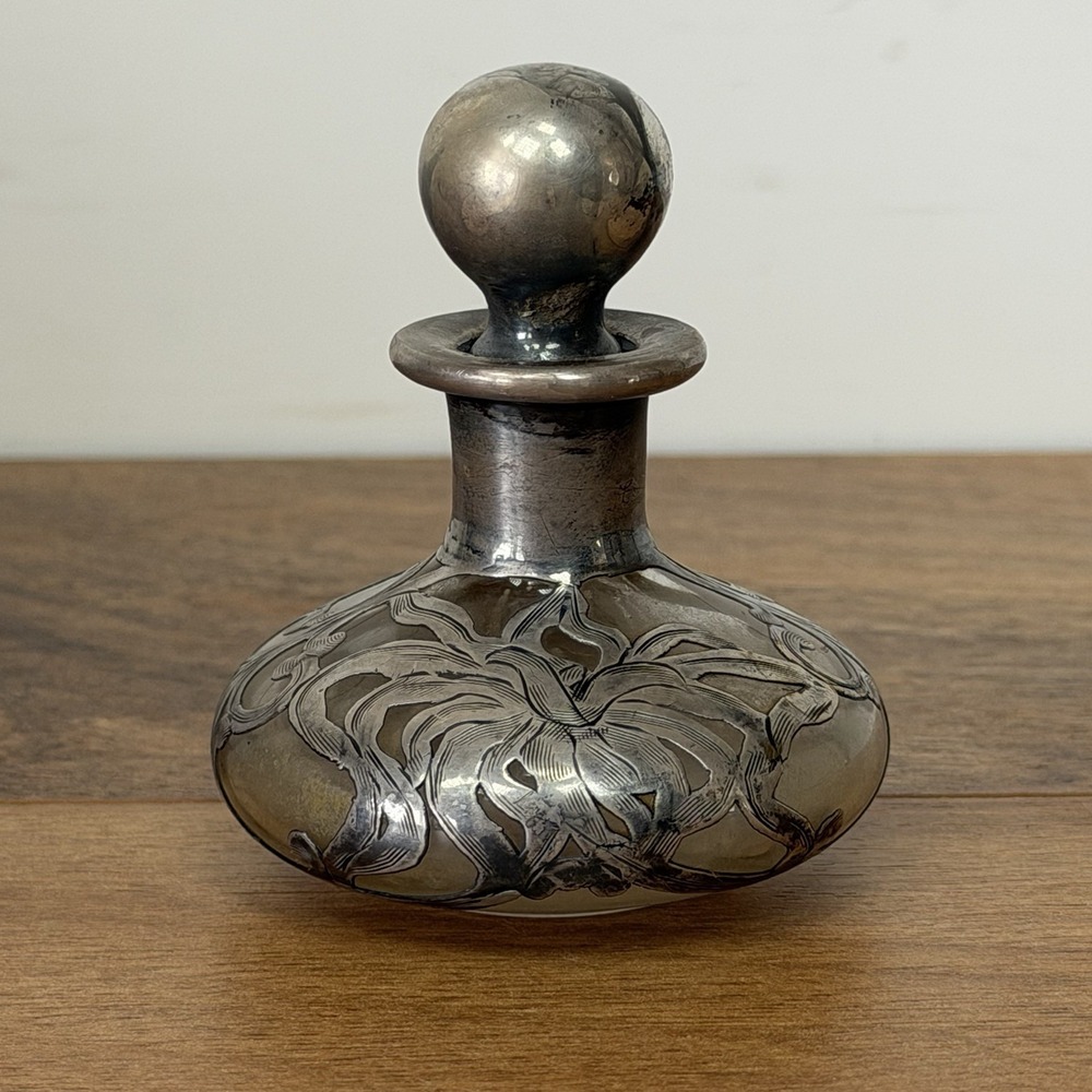 Sterling Silver Overlay La Pierre Mfg Cologne Bottle Floral Antique *Flaw*